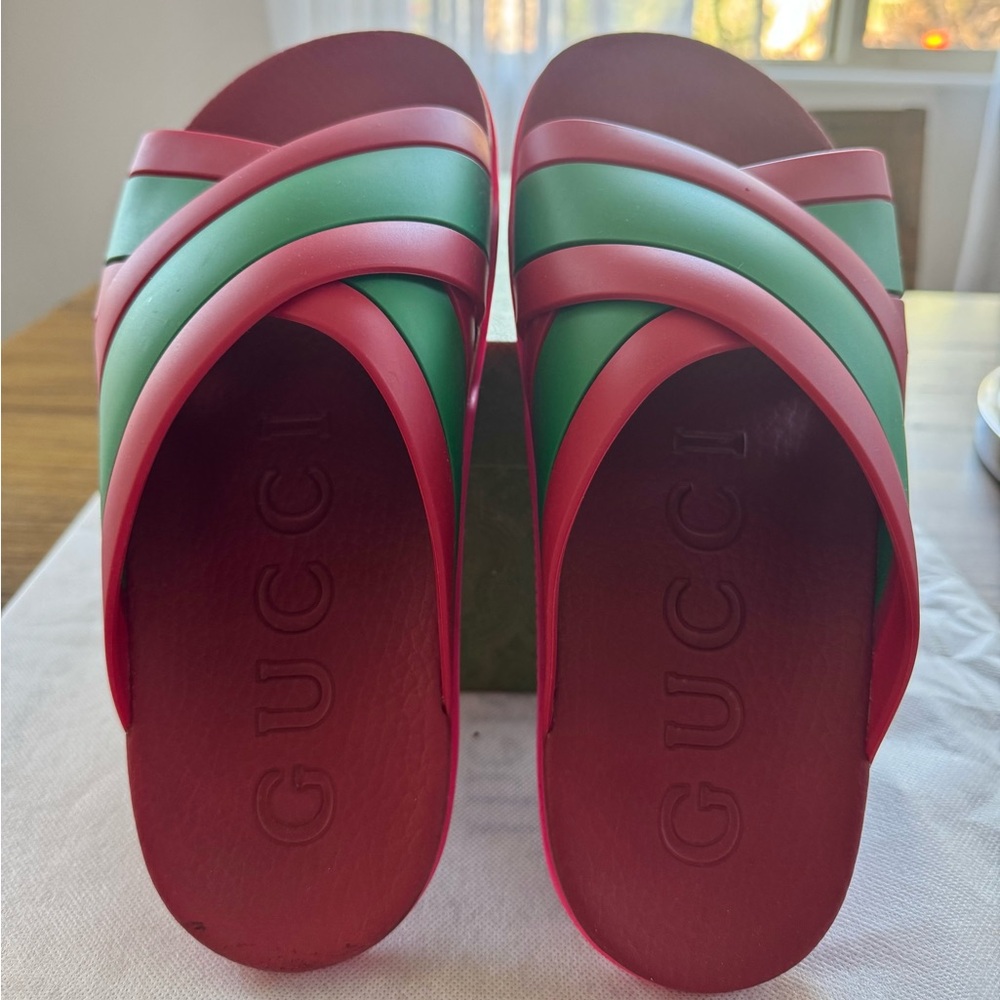 Authentic GUCCI Red and Green Striped Web Slides - Picture 2 of 5